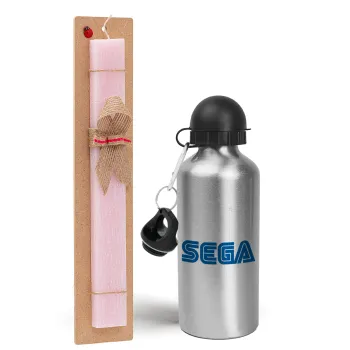 SEGA, Easter Set, metallic Silver aluminum water bottle (500ml) & scented flat Easter candle (30cm) (PINK)