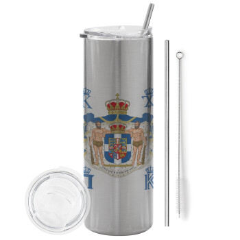 Hellas kingdom, Eco friendly stainless steel Silver tumbler 600ml, with metal straw & cleaning brush