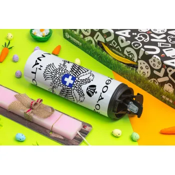 Ορθοδοξία ή Θάνατος, Easter candle,Travel Tumbler 2 Lids, with metal straw & cleaning brush & aromatic flat candle (30cm) (PINK)