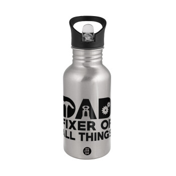 DAD, fixer of all thinks, Water bottle Silver with straw, stainless steel 500ml