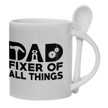DAD, fixer of all thinks, Ceramic coffee mug with Spoon, 330ml (1pcs)