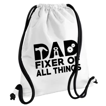DAD, fixer of all thinks, Backpack pouch GYMBAG white, with pocket (40x48cm) & thick cords
