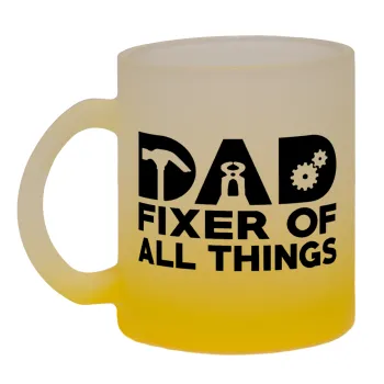 DAD, fixer of all thinks, Κούπα γυάλινη δίχρωμη με βάση το κίτρινο ματ, 330ml