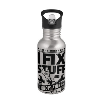 I fix stuff, Water bottle Silver with straw, stainless steel 500ml
