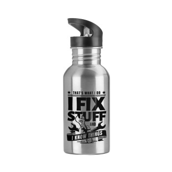 I fix stuff, Water bottle Silver with straw, stainless steel 600ml