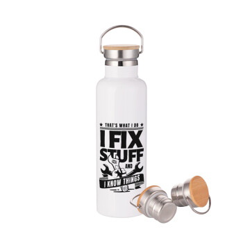 I fix stuff, Stainless steel White with wooden lid (bamboo), double wall, 750ml