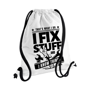 I fix stuff, Τσάντα πλάτης πουγκί GYMBAG λευκή, με τσέπη (40x48cm) & χονδρά κορδόνια