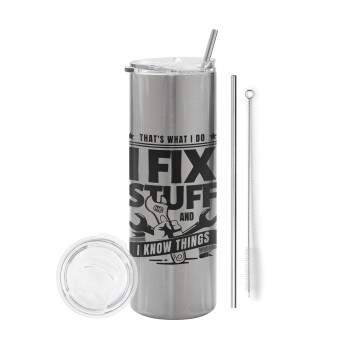 I fix stuff, Eco friendly stainless steel Silver tumbler 600ml, with metal straw & cleaning brush