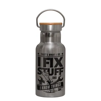 I fix stuff, Μεταλλικό παγούρι θερμός (Stainless steel) Ασημένιο με ξύλινο καπακι (bamboo), διπλού τοιχώματος, 350ml