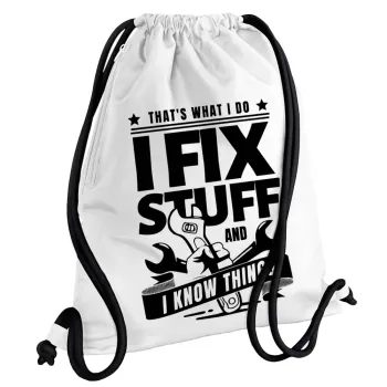 I fix stuff, Τσάντα πλάτης πουγκί GYMBAG λευκή, με τσέπη (40x48cm) & χονδρά κορδόνια
