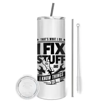 I fix stuff, Tumbler ποτήρι θερμό από ανοξείδωτο ατσάλι 600ml, με μεταλλικό καλαμάκι & βούρτσα καθαρισμού