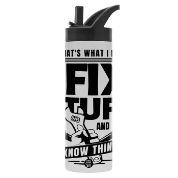 I fix stuff, Metallic thermos bottle with straw & handle, stainless steel (Stainless steel 304), double-walled, 600ml.