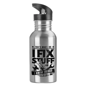 I fix stuff, Water bottle Silver with straw, stainless steel 600ml