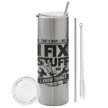 I fix stuff, Tumbler stainless steel Silver 600ml, with metal straw & cleaning brush