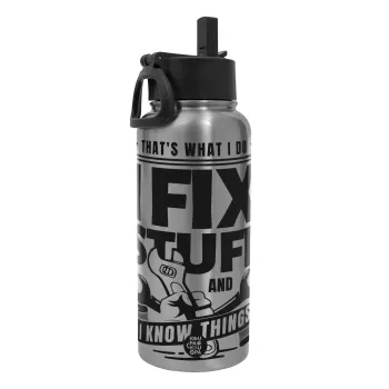 I fix stuff, Metal mug thermo Silver with Straw and Spout Lid (Stainless steel), double wall, 950ml