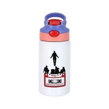 Running up that hill, Stranger Things, Children's hot water bottle, stainless steel, with safety straw, pink/purple (350ml)