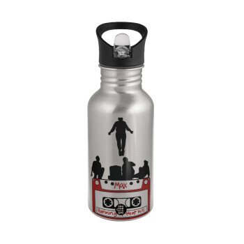 Running up that hill, Stranger Things, Water bottle Silver with straw, stainless steel 500ml