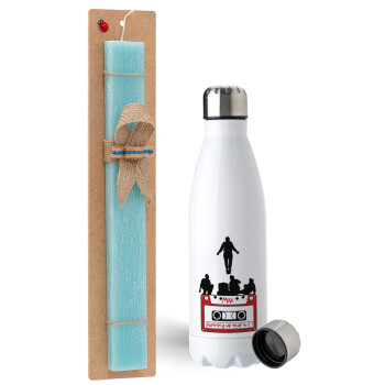Running up that hill, Stranger Things, Easter Set, metallic stainless steel water bottle (750ml) & aromatic flat Easter candle (30cm) (TURQUOISE)