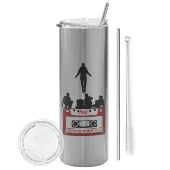 Running up that hill, Stranger Things, Eco friendly stainless steel Silver tumbler 600ml, with metal straw & cleaning brush