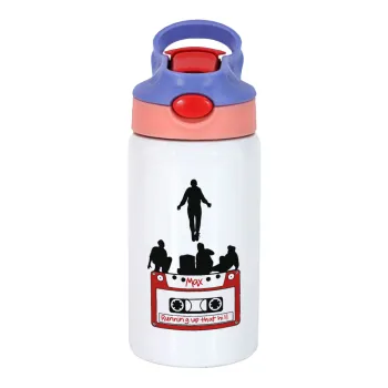 Running up that hill, Stranger Things, Children's hot water bottle, stainless steel, with safety straw, pink/purple (350ml)