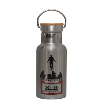 Running up that hill, Stranger Things, Stainless steel metallic thermos flask, silver with a bamboo lid, double-walled, 350ml.
