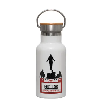 Running up that hill, Stranger Things, Μεταλλικό παγούρι θερμός (Stainless steel) Λευκό με ξύλινο καπακι (bamboo), διπλού τοιχώματος, 350ml
