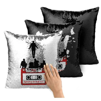 Running up that hill, Stranger Things, Μαξιλάρι καναπέ Μαγικό Μαύρο με πούλιες 40x40cm περιέχεται το γέμισμα