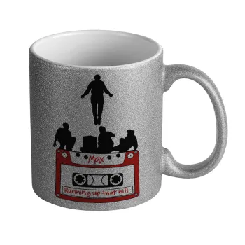 Running up that hill, Stranger Things, Κούπα Ασημένια Glitter που γυαλίζει, κεραμική, 330ml