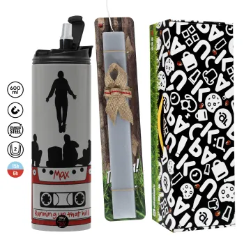 Running up that hill, Stranger Things, Πασχαλινή Λαμπάδα με Travel Tumbler θερμό (600ml, BPA free) & κερί αρωματικό πλακέ (30cm) (ΓΚΡΙ)