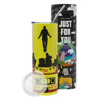 Running up that hill, Stranger Things, Neon Yellow Travel Tumbler θερμό, μεταλλικό καλαμάκι(Ανωξείδωτο 304 Food grade, BPA free, 600ml)