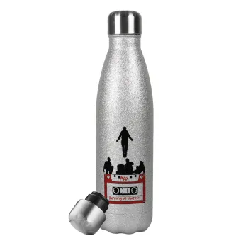 Running up that hill, Stranger Things, Metallic Glitter Silver Thermos Flask (Stainless steel), double-walled, 500ml
