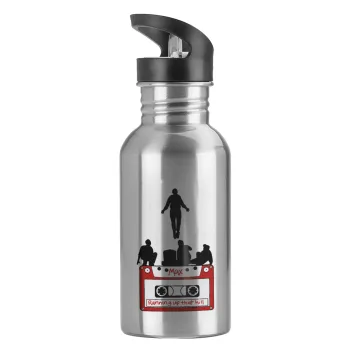 Running up that hill, Stranger Things, Water bottle Silver with straw, stainless steel 600ml