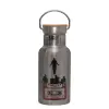Stainless steel metallic thermos flask, silver with a bamboo lid, double-walled, 350ml.