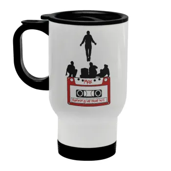 Running up that hill, Stranger Things, Stainless steel travel mug with lid, double wall white 450ml
