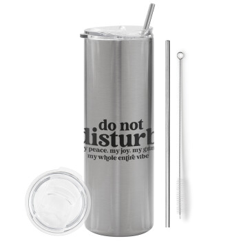 Do not disturb, Tumbler ποτήρι θερμό Ασημένιο από ανοξείδωτο ατσάλι 600ml, με μεταλλικό καλαμάκι & βούρτσα καθαρισμού