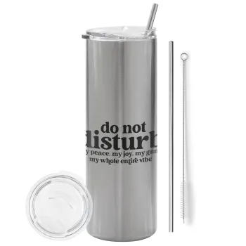 Do not disturb, Tumbler ποτήρι θερμό Ασημένιο από ανοξείδωτο ατσάλι 600ml, με μεταλλικό καλαμάκι & βούρτσα καθαρισμού