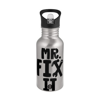 Mr fix it, Water bottle Silver with straw, stainless steel 500ml