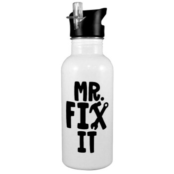 Mr fix it, White water bottle with straw, stainless steel 600ml