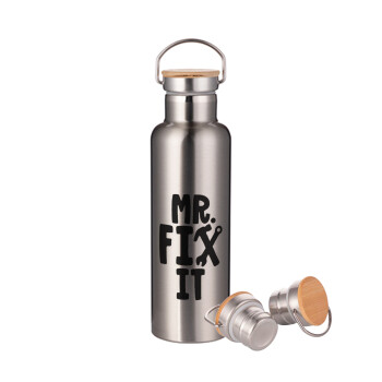 Mr fix it, Μεταλλικό παγούρι θερμός (Stainless steel) Ασημένιο με ξύλινο καπακι (bamboo), διπλού τοιχώματος, 750ml