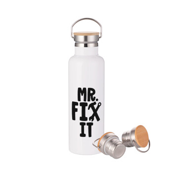 Mr fix it, Stainless steel White with wooden lid (bamboo), double wall, 750ml