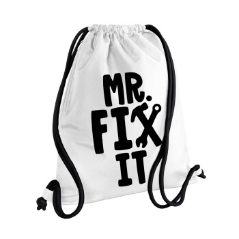Mr fix it, Τσάντα πλάτης πουγκί GYMBAG λευκή, με τσέπη (40x48cm) & χονδρά κορδόνια