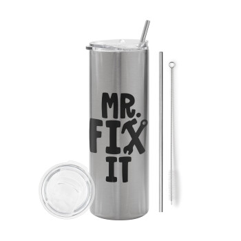 Mr fix it, Eco friendly ποτήρι θερμό Ασημένιο (tumbler) από ανοξείδωτο ατσάλι 600ml, με μεταλλικό καλαμάκι & βούρτσα καθαρισμού