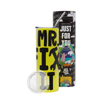 Mr fix it, Neon Yellow Travel Tumbler, with metal straw (Stainless steel 304 Food grade, BPA free, 600ml)