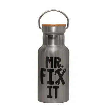 Mr fix it, Μεταλλικό παγούρι θερμός (Stainless steel) Ασημένιο με ξύλινο καπακι (bamboo), διπλού τοιχώματος, 350ml