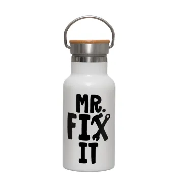 Mr fix it, Μεταλλικό παγούρι θερμός (Stainless steel) Λευκό με ξύλινο καπακι (bamboo), διπλού τοιχώματος, 350ml