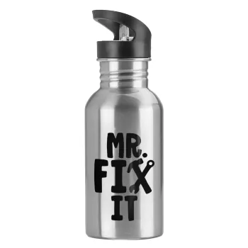 Mr fix it, Παγούρι νερού Ασημένιο με καλαμάκι, ανοξείδωτο ατσάλι 600ml