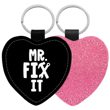 Mr fix it, Μπρελόκ PU δερμάτινο glitter καρδιά ΡΟΖ