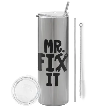 Mr fix it, Tumbler ποτήρι θερμό Ασημένιο από ανοξείδωτο ατσάλι 600ml, με μεταλλικό καλαμάκι & βούρτσα καθαρισμού