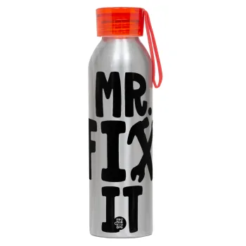 Mr fix it, Αλουμινένιο Αθλητικό Μπουκάλι 650ml – Ασημί με Κόκκινο Καπάκι και Λουράκι Σιλικόνης