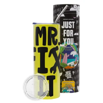 Mr fix it, Neon Yellow Travel Tumbler θερμό, μεταλλικό καλαμάκι(Ανωξείδωτο 304 Food grade, BPA free, 600ml)